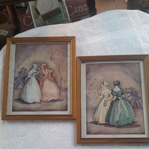 Vintage Pair of Framed Regency Lady Prints — Green & Pink Dresses